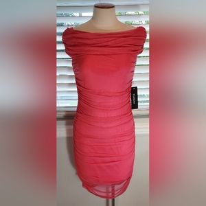 Bebe Pink Mesh Overlay Off Shoulder Ruched Dress NWT